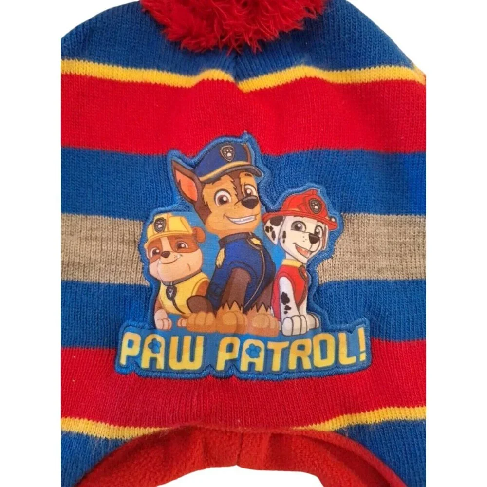 Paw Patrol Striped Beanie Hat Kids Toddler 2-5T Knit Fleece Lined Pom Pom